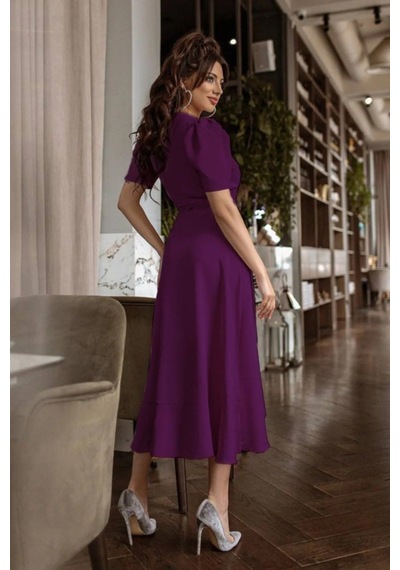 Efnaz Style Kadın Kruvaze Yaka Midi Boy Kuşaklı Krep Elbise 120 Cm Mürdüm