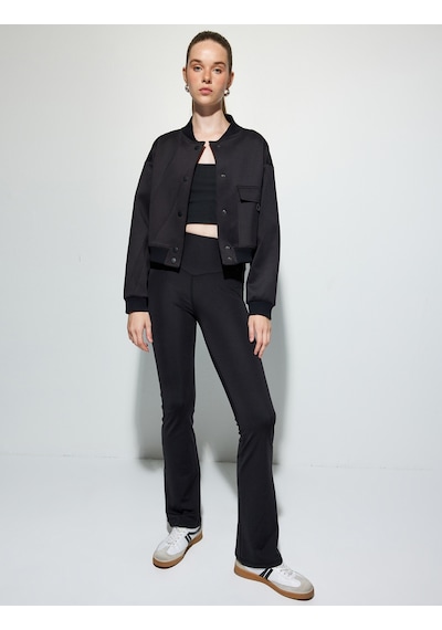 Koton Bomber Ceket Crop Kalın Modal Kumaş Düğmeli Cep Detaylı Siyah 5wak10096nk Siyah