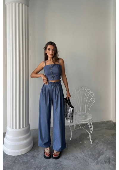 İkales Tencel Crop Askılı Bluz - Şalvar Pantolon Tk - İndigo