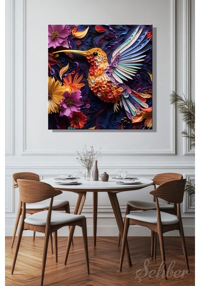Dekoratif Kare Kanvas Tablo Tekli Ev Kafe Ofis Quilling Sanatı Renkli Sinek Kuşu Tasviri 2003