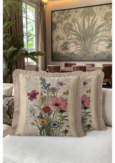 Vintage Çiçek Botanik Saçaklı Yastık Kılıfı-nostaljik Floral Krem Bej Vizon Püsküllü Kırlent Kılıfı Çok Renkli