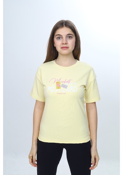 Toontoy Kids Toontoy Kız Çocuk Bisiklet Yaka Düşük Omuz Kısa Kollu Baskılı Tişört 24971 Açık Sarı