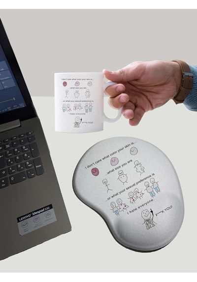 Motto Baskılı Kupa Bardak Mug + Bilek Destekli Mouse Pad Beyaz - Çok Renkli