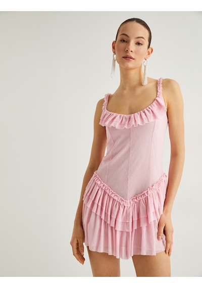 Koton İnce Askılı Fırfırlı Mini Elbise Katlı Astarlı Pembe 4sak80354ek Gül