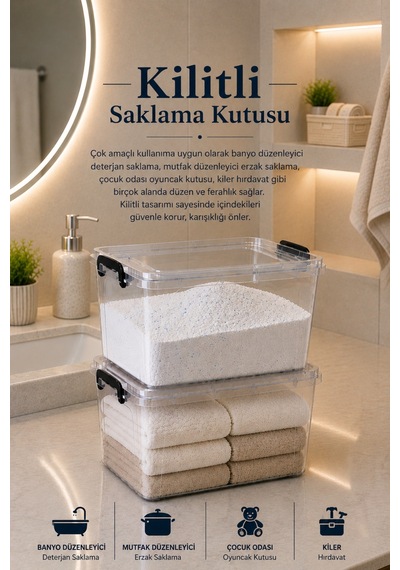 2'li Set 11 Lt Kilitli Un Bakliyat Erzak Saklama Kabı Çok Amaçlı Düzenleyici Oyuncak Deterjan Kutusu