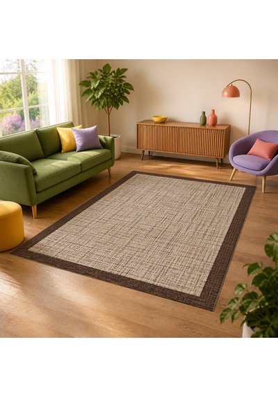 Kartela Halı Jüt Görünümlü Kalın Çerçeveli Halı Kahverengi Kaymaz Taban 80x120 Cm