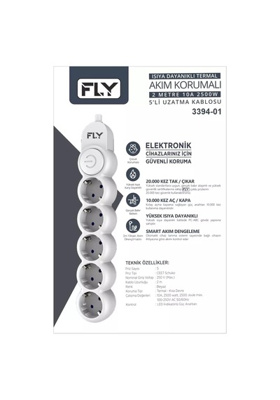 Fly 3394-01 Termal Akım Korumalı 5 Prizli Anahtarlı Kablo 2 Metre