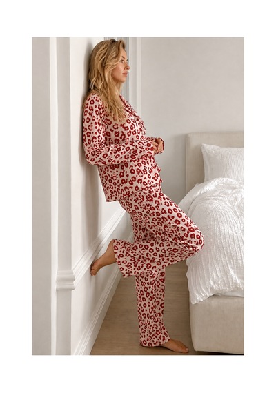 Fit Women Kadın Gömlek Yaka Düğmeli Kırmızı Pijama Takımı