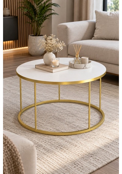 Sulorahome Beyaz Yuvarlak Çekmeceli Orta Sehpa Gold Ayaklı Altın - Beyaz