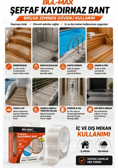 Şeffaf Kaydırmaz Bant 25 Mm X 5 Metre Kendinden Yapışkanlı Merdiven Banyo Havuz Kaydırmaz Güvenlik B