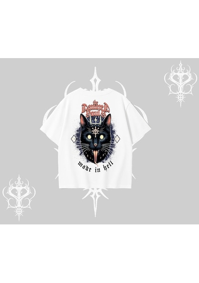 Startmore Startmore Gothic Cat Made İn Hell Baskılı Sweatshirt Oversize Tshirt Beyaz