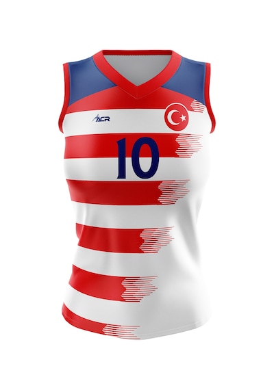 Acr Giyim Voleybol Forması Dijital Baskı Kişiye Özel Tasarım Tek Üst M716 Beyaz - Kırmızı - Mavi