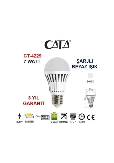 Ct 4229 E27 Şarjlı Led Ampul Işıldak - Elektrik Kesilince Yanar Beyaz