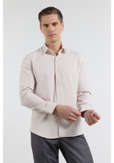 İmza Koyu Bej Sert Yaka Uzun Kol Cepsiz Slim Fit Pamuklu Gömlek 1004255284