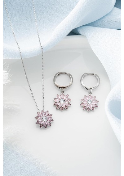 Tr 925 Ayar Gümüş Pembe Taşlı Kolye Küpe Set, Kadın Genel
