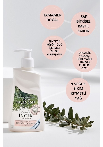 INCIA %100 Doğal Sıvı Kastil Sabunu Hassas Ciltler İçin Zeytinyağlı 10 Bitkisel Değerli Yağ Vegan 250 ML