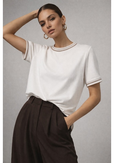 Kadın Beyaz Bisiklet Triko Yaka Kısa Kollu Basic T-shirt Beyaz
