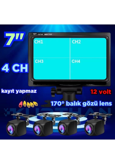 Kayıtsız 7 İnç Monitör Ve 4 Adet 170'' Açılı Kamera Set 12 V