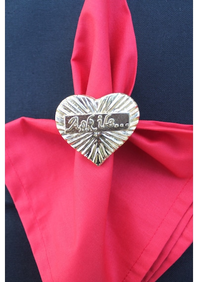 6 Adet Gold Aşk ile... Yazılı Kalp Metal Peçete Halkası - Napkin