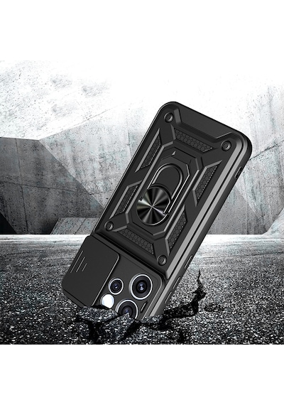 Maks Technology Oppo Reno 15 Pro Uyumlu Kılıf Magnetik Standlı Kamera Korumalı Mkst Sürgülü Vega Kapak - Siyah