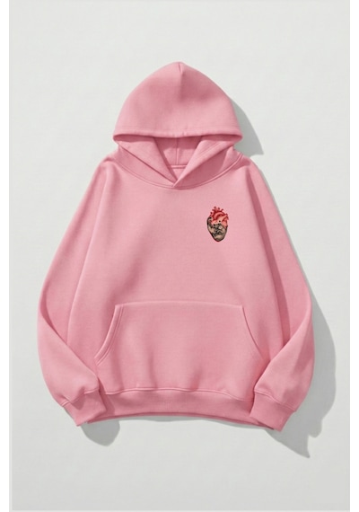 Uyguntarz Unisex Yumuşak Dokulu Canım Kedilerim Baskılı Tasarım Oversize 3 İplik Hoodie Sweatshirt Pembe