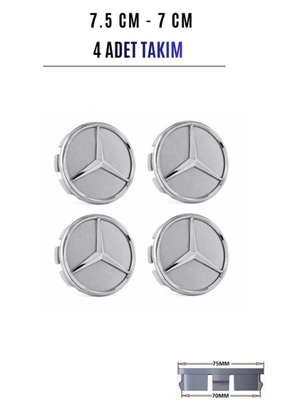 Mercedes Uyumlu Gri Jant Göbeği Kapağı Arması 75 Mm 7,5 Cm 4'lü Takım