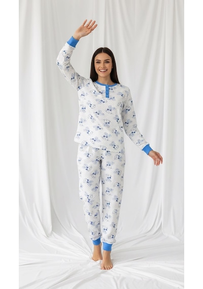 Divinus Tavşan Desenli Patlı Beyaz/mavi Kadın Pijama Takımı Beyaz - Mavi