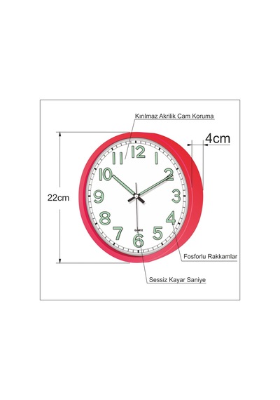 Gece Görünen Kırmızı Çerçeveli Kasalı 22 Cm Fosforlu Duvar Saati Kırmızı