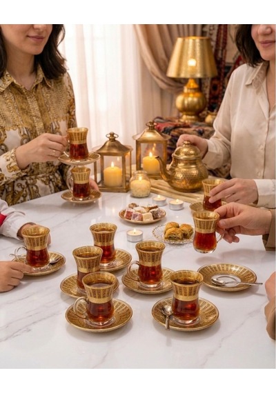 Altın Desenli Kulplu Çay Seti, 6'li Cam Bardak, İnce Belli Çay Bardağı Ve Tabaklı, 6 Parça Diğer