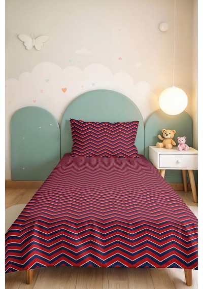 Kırmızı Mavi Zigzag Geometrik Genç Odası Tek Kişilik Pike Takımı - Çizgili 160x220 Cm Yatak Örtüsü Gölge Yaprak Harmonu