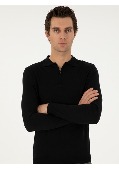 Cacharel Siyah Regular Fit Yün Karışımlı Fermuarlı Polo Yaka Basic Triko Kazak