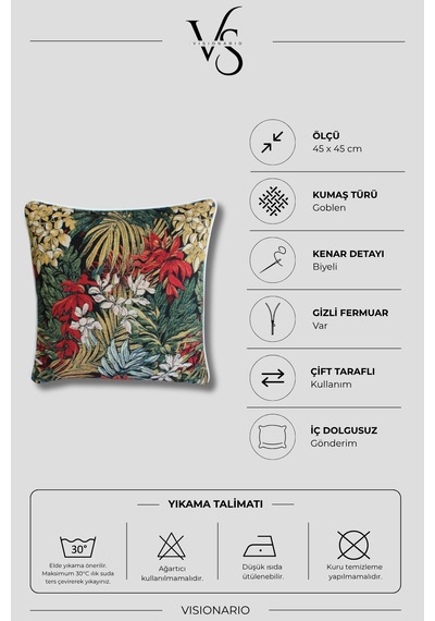 Desenli Goblen Dokuma Dekoratif Biye Kenarlı Kırlent Kılıfı Koyu Yeşil