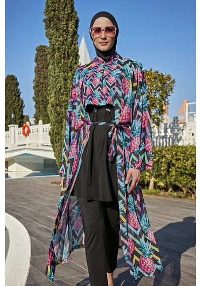 Remsa Mayo Remsa Tesettür Mayo Üzerine Tek Kaftan Kimono Pareo Rp018 Ananas Siyah
