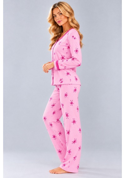 Pijamask Kadın Çiçek Ve Kelebek Desenli V Yaka Düğmeli Uzun Kollu Kaşkorse Pijama Takımı Pembe-15 Pijamask Kadın Çiçek Ve Kelebek Desenli V Yaka Düğmeli Uzun Kollu Kaşkorse Pijama Takımı Pembe-15