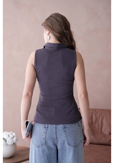 Park Karon Polo Yaka Kolsuz Basic T-shirt Füme