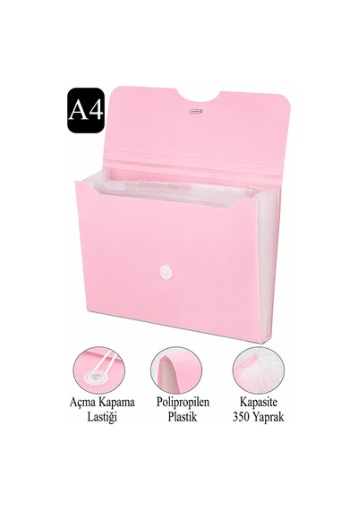 Körüklü Dosya 13 Bölmeli Pastel Pembe 1 Adet A4 Akardiyon Dosya Düzenleyici 13 Cepli Lastikli Dosya Belge Düzenleyici