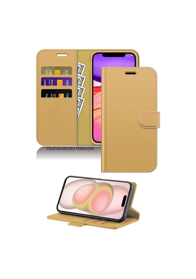 Tr Tecno Camon 40 Pro İle Uyumlu Standlı Cüzdanlı Kartlıklı Kapaklı Deri Kılıf, Gold