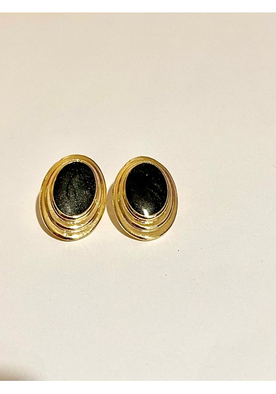 Vintage Gold Oval Siyah Taşlı Küpe - Retro Şıklık Altın - Siyah