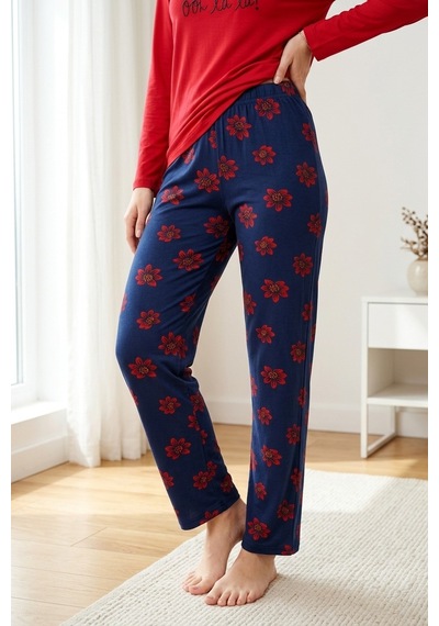 Aura Collections Kadın Desenli Bambu Viskon Uzun Kollu Soft Örme Mevsimlik Pijama Takımı Kırmızı