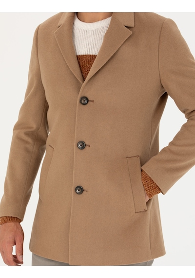 Pierre Cardin Camel Yün Karışımlı Ekstra Slim Fit Kaşe Kaban 50270887-vr015