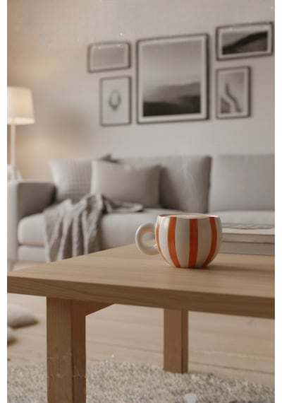Turuncu Çizgili 400 Ml El Yapımı Seramik Çay Kahve Mug Kupası Mıt1323 Turuncu - Beyaz
