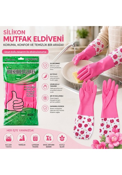 Enfa Enf-1399 Su Geçirmez Uzun Kollu Silikon Eldiven - L Beden Çiçek Desenli- 10'li Paket