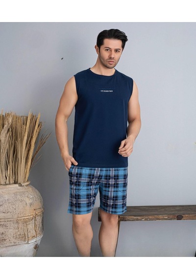 Pijamoni Erkek Bisiklet Yaka Kolsuz Şortlu Pijama Takımı 6185/2 - 1 Adet Lacivert