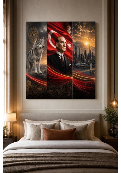 Atatürk Türk Bayrağı Bozkurt Baskılı Cam Tablo Uv Baskı Dekoratif Duvar Tablosu