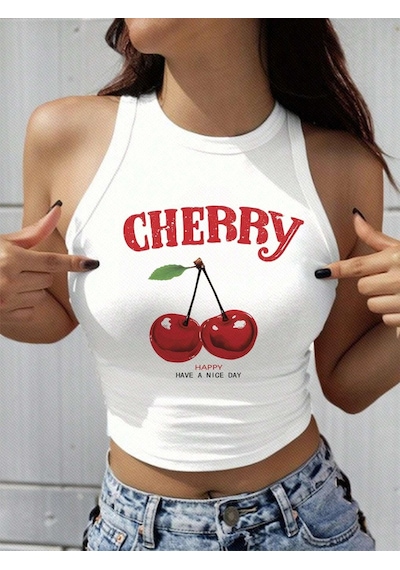 Afri Kadın Beyaz "Cherry" Baskılı Kolsuz Crop Atlet - Yazlık Sokak Stili Beyaz