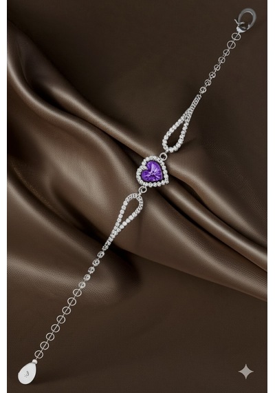 Roza Silver 925 Ayar Ametist Taşlı Rodyum Pırlanta Görünümlü Kalp Gümüş Bileklik Rb10057 Gümüş