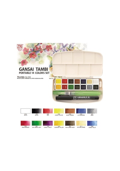 Zig Gansai Portable Set 14Lü + Su Hazneli Fırça + 0.1Mm Mangaka