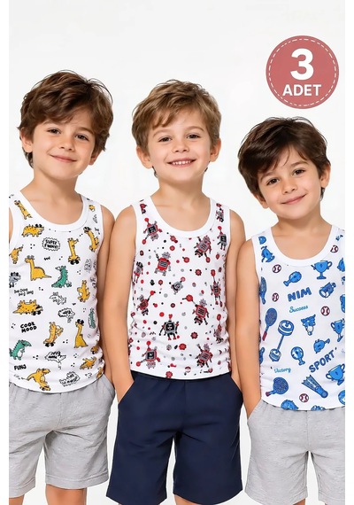 Tutku 3 Lü Karışık Renk Desenli Erkek Çocuk Atlet Çok Renkli