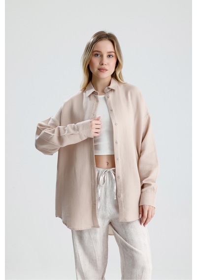 Manche Yıkamalı %100 Pamuk Müslin Oversize Gömlek - Bej Mks165030-01