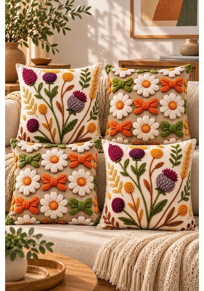 4'lü Set Çiçekli Dekoratif Kırlent Kılıfı 43x43 Cm, 3d Efektli Dijital Baskılı - Renkli Kır Bahçesi Çok Renkli